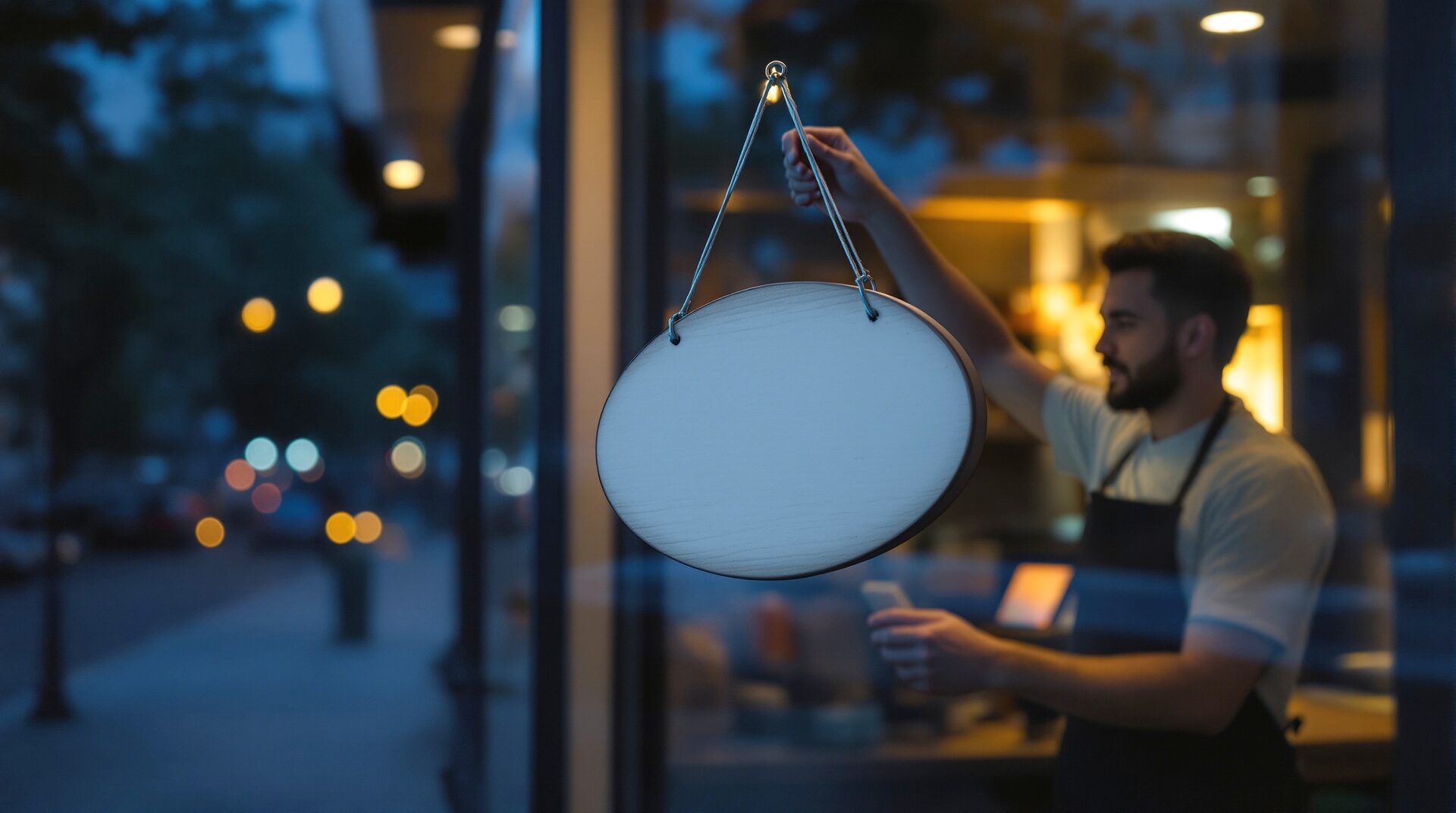 Shop owner flipping the closed sign at dusk while a screen inside keeps working
